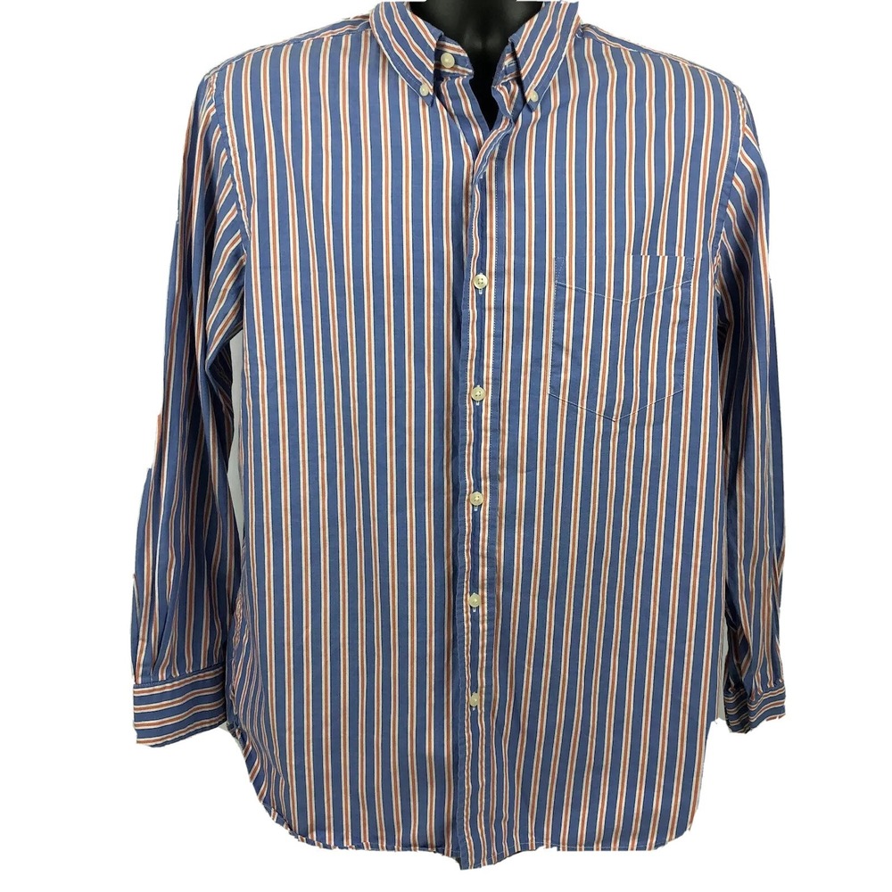 Chaps Ralph Lauren Medium Mens Shirt Button Front Orange Stripes Blue